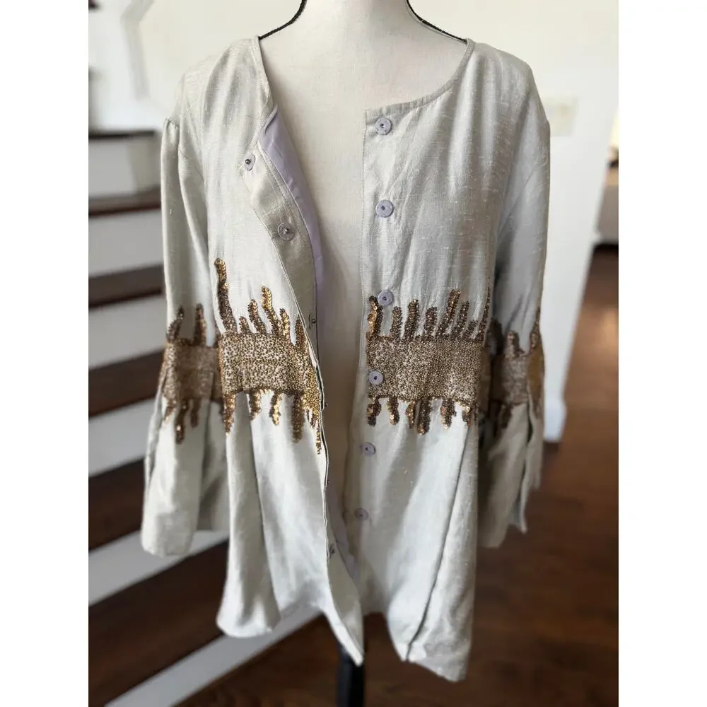 Silver Grey Bronze Beaded Sequin Abstract Boho Lagenlook Flutter Sleeve Jacket